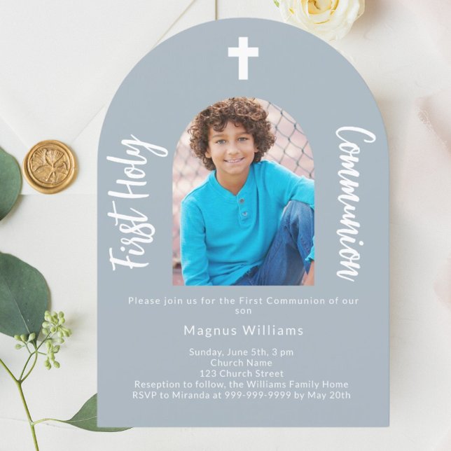Convite Dusty Blue Phoarch boy Primeira Comunhão Santa (Criador carregado)