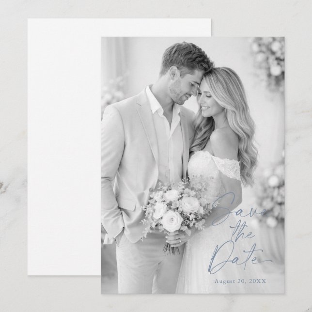 Convite Dusty Blue Photo Save the Date (Frente/Verso)
