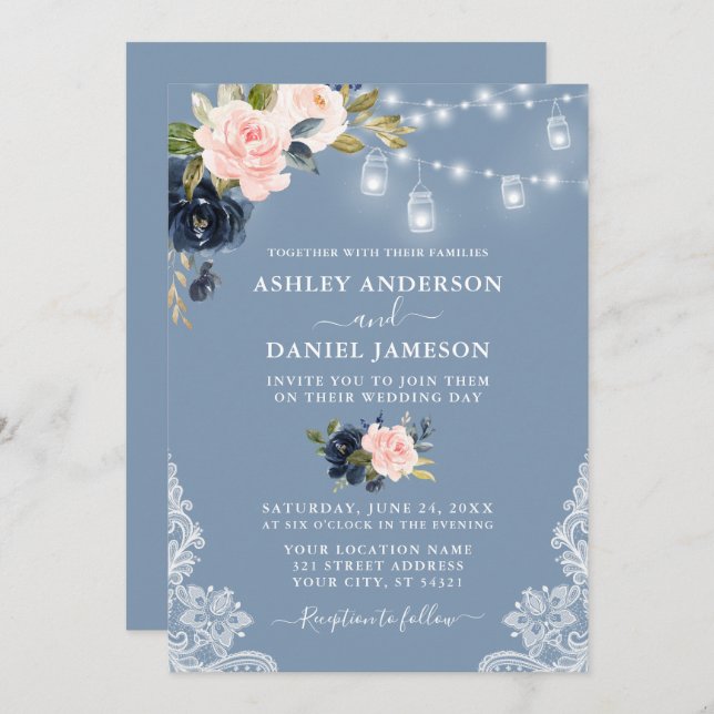 Convite Dusty Blue Pink Floral Luz Flor Luz Casamento (Frente/Verso)