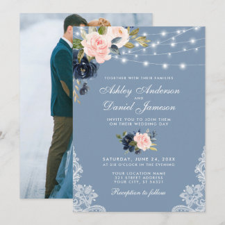Convite Dusty Blue Pink Floral Luzes Florais Lace Foto Cas