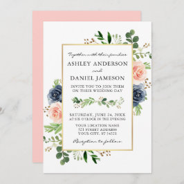 Convite Dusty Blue Pink Watercolor Rosas Greenery Casament