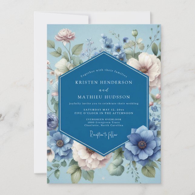 Convite Dusty Blue Poetic Flora Wedding (Frente)