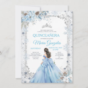 Convite Dusty Blue Princesa Floral Inverno Neve Quinceañer