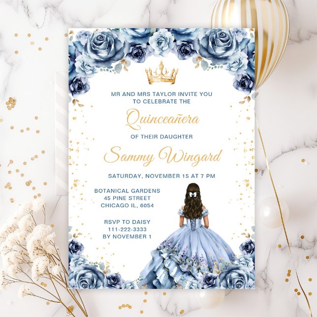 Convite Dusty Blue Princess Floral Quinceañera (Criador carregado)