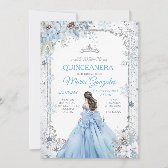 Convite Dusty Blue Princess Floral Winter Snow Quinceañera (Frente)