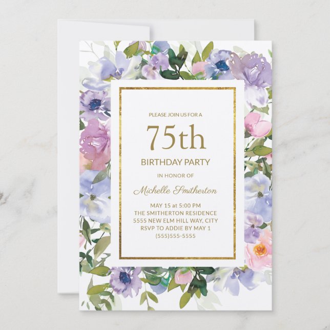 Convite Dusty Blue Purple Floral Dourado 75º aniversário (Frente)