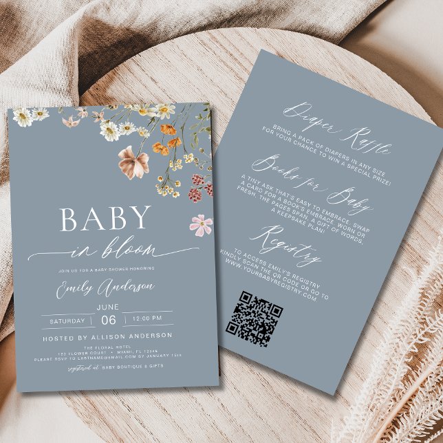 Convite Dusty Blue QR Code Wildflower Baby in Bloom (Criador carregado)