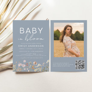 Convite Dusty Blue QR Code Wildflower Baby in Bloom Chá
