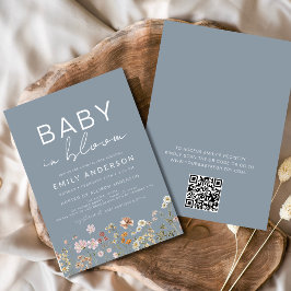 Convite Dusty Blue QR Code Wildflower Baby in Bloom Chá
