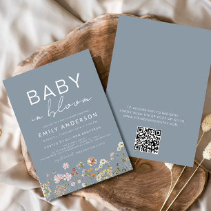 Convite Dusty Blue QR Code Wildflower Baby in Bloom Chá