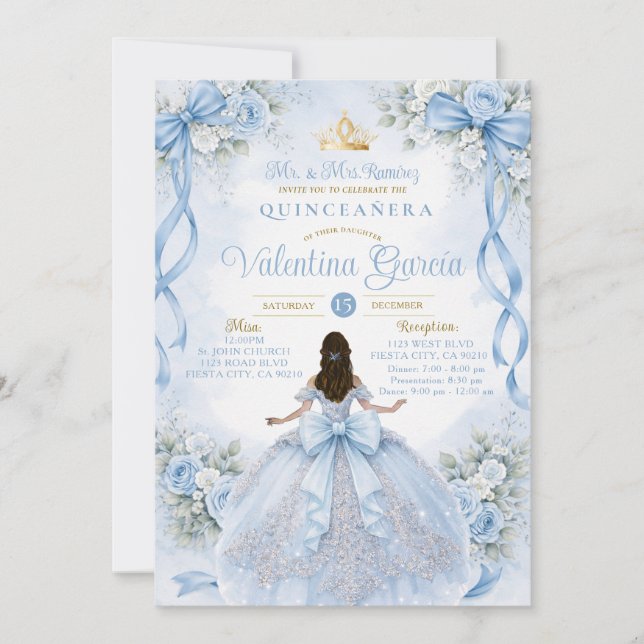 Convite Dusty Blue Quinceañera with Bow (Frente)