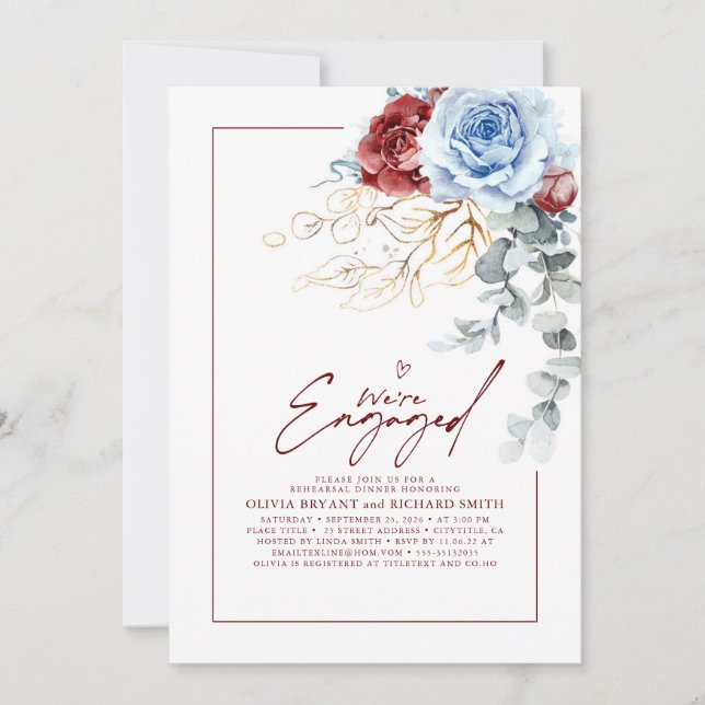 Convite Dusty Blue Red Floral Engagement Party Photo (Frente)