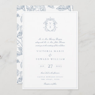 Convite Dusty Blue Regency Crest Casamento Monograma