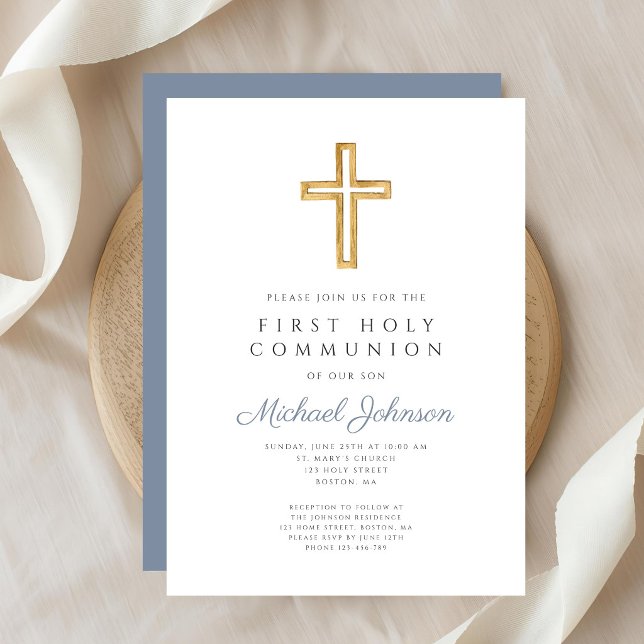 Convite Dusty Blue Religious Cross Boy First Communion (Dusty Blue Religious Cross Boy First Communion Invitation)