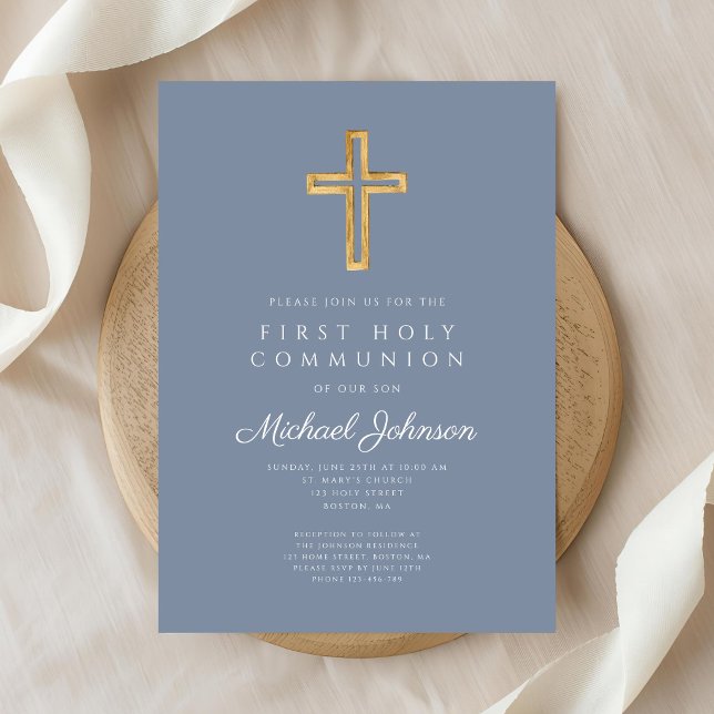 Convite Dusty Blue Religious Cross Boy First Communion (Dusty Blue Religious Cross Boy First Communion Invitation)