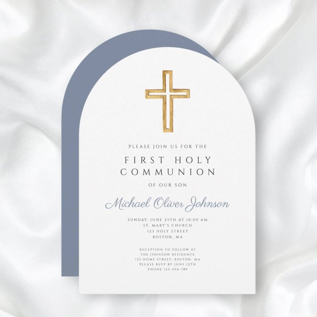 Convite Dusty Blue Religius Boy First Communch (Dusty Blue Religious Boy First Communion Arch Invitation)