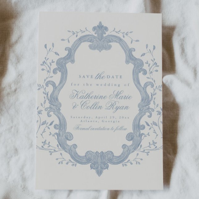 Convite Dusty Blue Rococo Save The Date Card (Criador carregado)