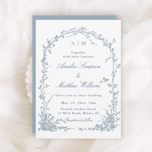 Convite Dusty Blue Romantic Botanical Arch Garden Wedding  (Criador carregado)