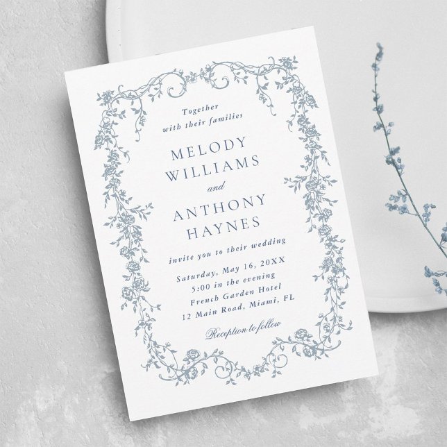 Convite Dusty Blue Romantic French Floral Wedding  (Criador carregado)