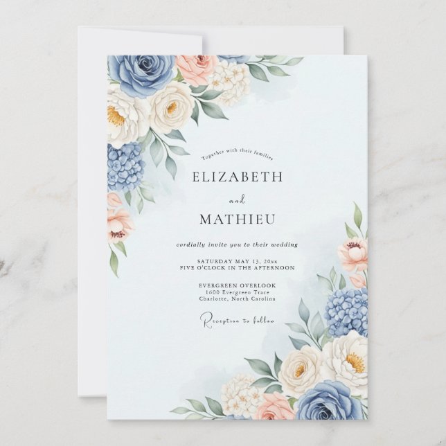 Convite Dusty Blue Romantic Watercolor Wedding (Frente)