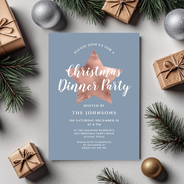 Convite Dusty Blue Rosa Dourado Festa de Janto de Natal na (Dusty Blue Rose Gold Star Christmas Party Invitation)