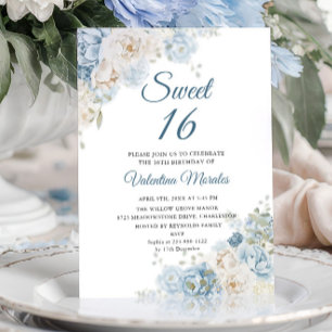 Convite Dusty Blue Rosa Flores de Marfim Sweet Sixteen 16