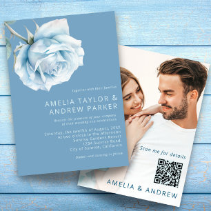 Convite Dusty Blue Rosa Modern Watercolor Casamento Floral