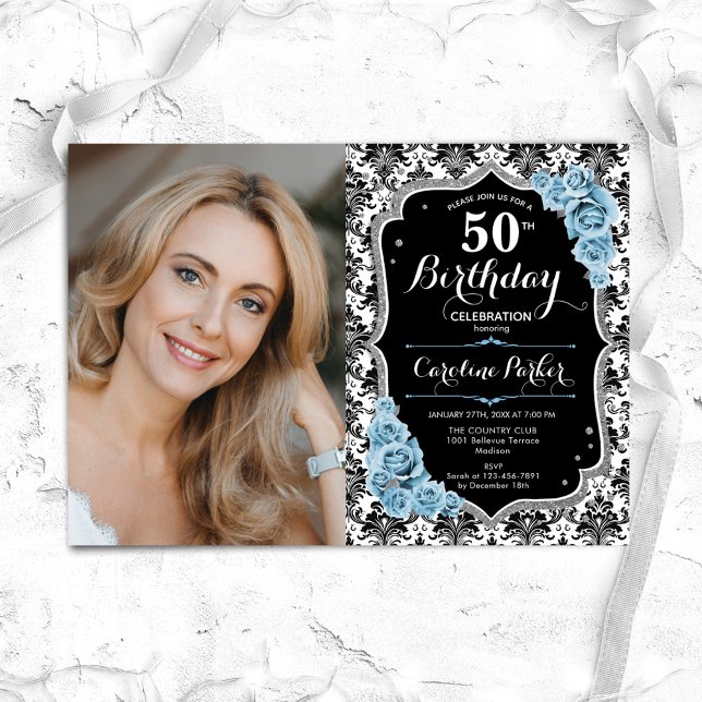 Convite Dusty Blue Rosas Black Damask Foto 50th Birthday (Criador carregado)
