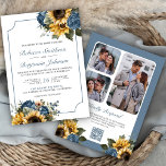 Convite Dusty Blue Rosas Girassóis Foto QR Código Casament<br><div class="desc">Incêndio aos seus convidados com este elegante convite para casamento, com buquê de flores rústicas e tipografia moderna, com o Código QR para RSVP online. Basta adicionar os detalhes do seu evento neste modelo fácil de usar e adorar este cartão com as suas fotografias favoritas para o tornar um convite...</div>