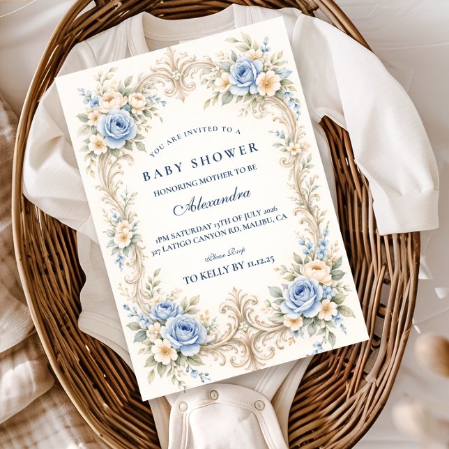 Convite Dusty Blue Rose Baroque Baby Shower (Criador carregado)
