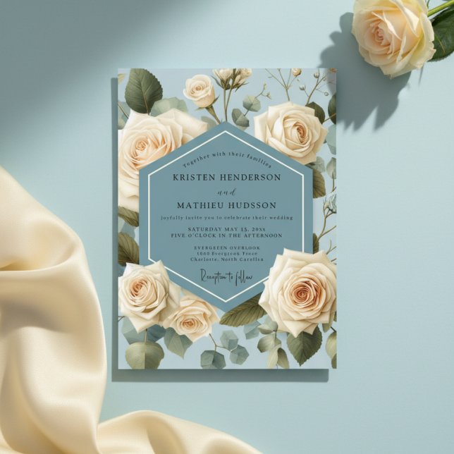 Convite Dusty Blue Rose Botanical Wedding (Criador carregado)