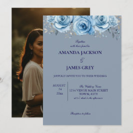 Convite Dusty Blue Rose Floral Photo Back Wedding 