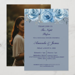 Convite Dusty Blue Rose Floral Photo Rehearsal Dinner 