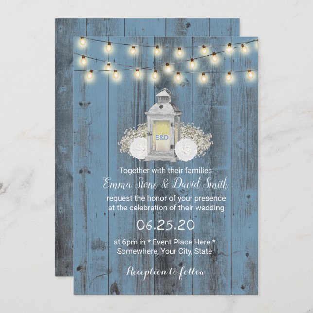 Convite Dusty Blue Rustic Lantern & String Lights Casament (Frente/Verso)