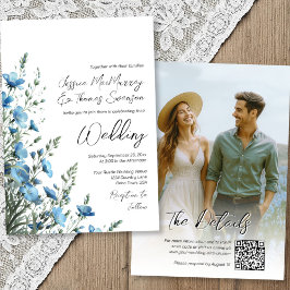 Convite Dusty Blue Sage Boho Wildflower Foto QR Weding