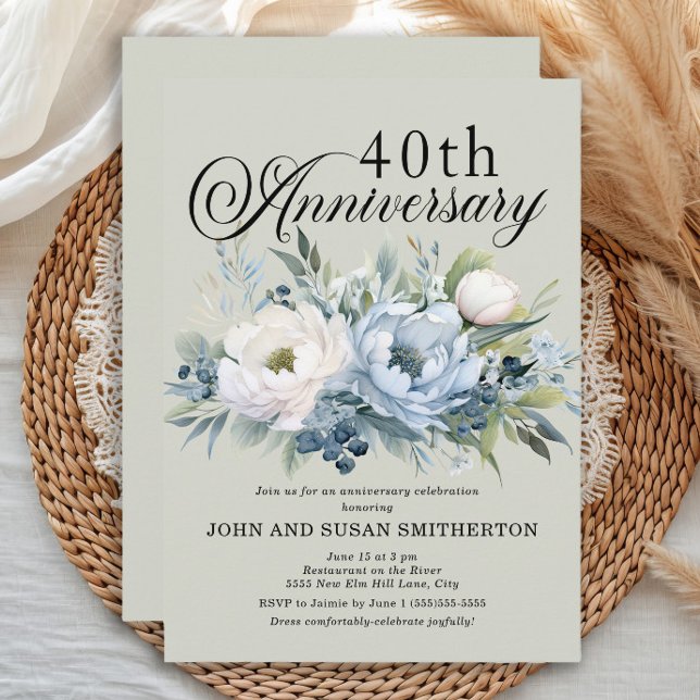 Convite Dusty Blue Sage Green 40º aniversário (Dusty blue watercolor floral and sage green 40th wedding anniversary invitation)