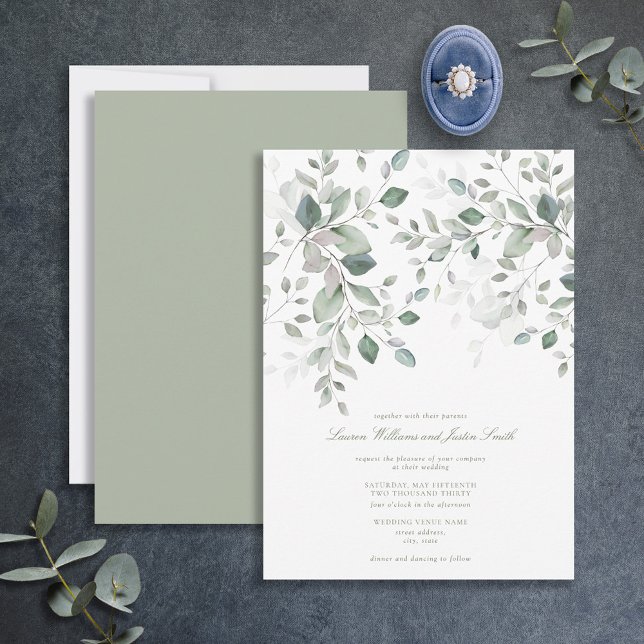 Convite Dusty Blue Sage Green Botanical Script Wedding (Criador carregado)