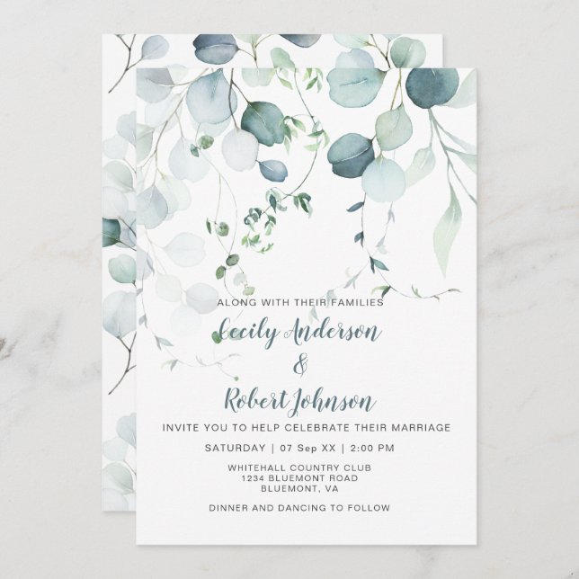 Convite Dusty Blue & Sage Green Eucalipto em Branco (Frente/Verso)