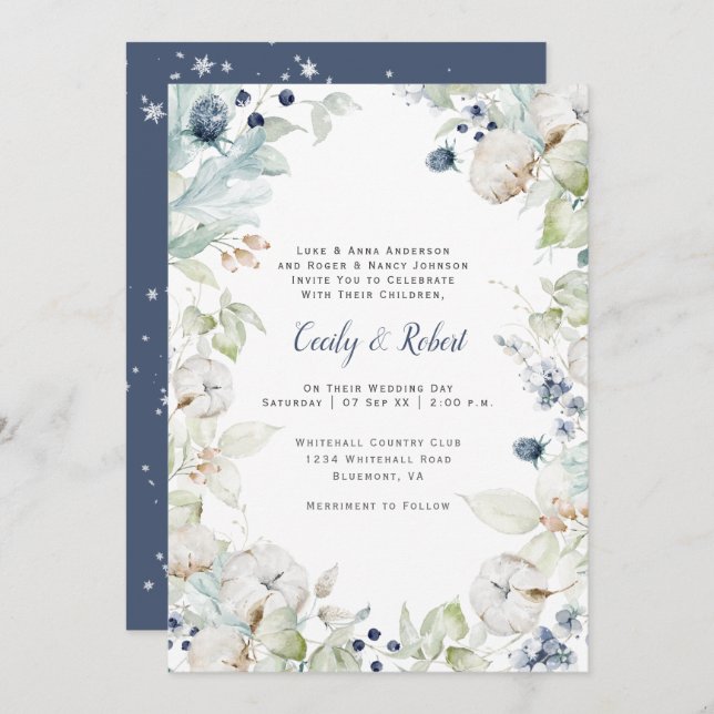 Convite Dusty Blue Sage Green Floral Weding w/Menu (Frente/Verso)
