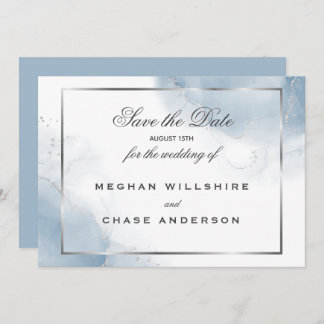 Convite Dusty Blue Script Silver Salve a Data