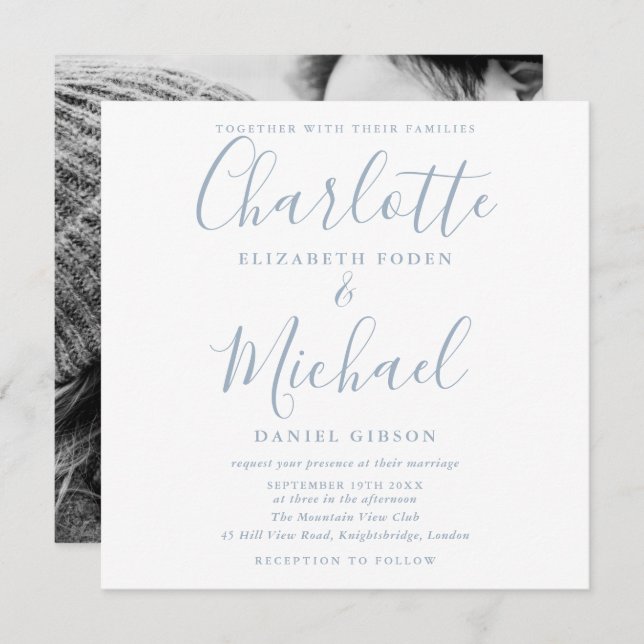 Convite Dusty Blue Signature Photo Square Wedding (Frente/Verso)