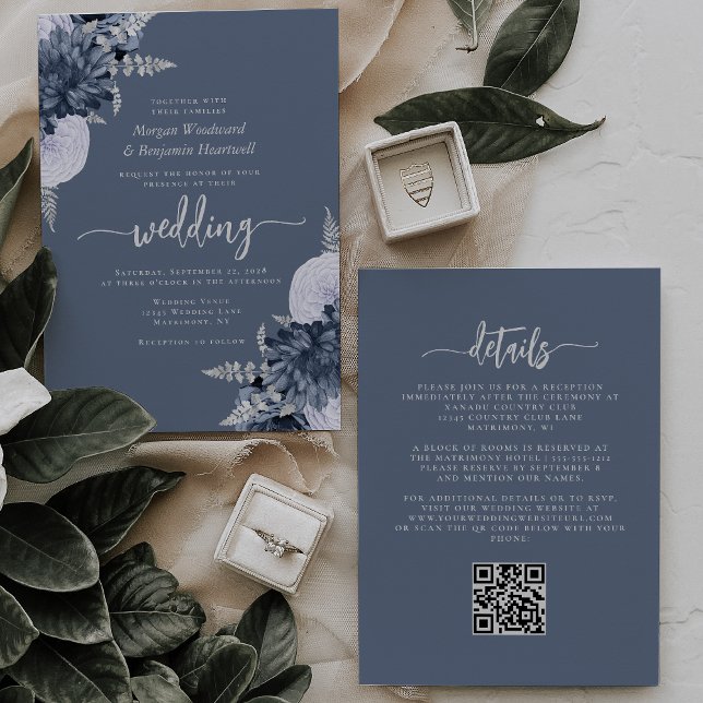 Convite Dusty Blue Silver Floral Código QR Casamento (Criador carregado)