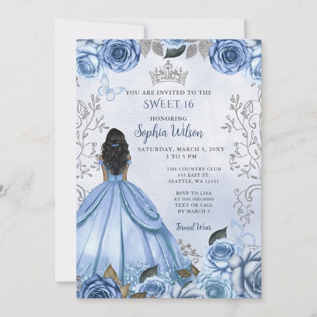 Convite Dusty Blue Silver Floral Princess SWEET 16 (Frente)
