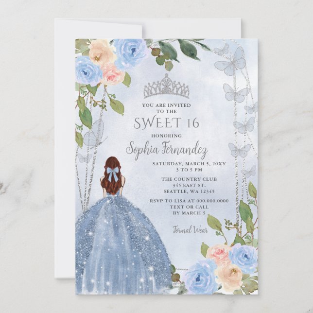 Convite Dusty Blue Silver Floral Princess Sweet 16 (Frente)
