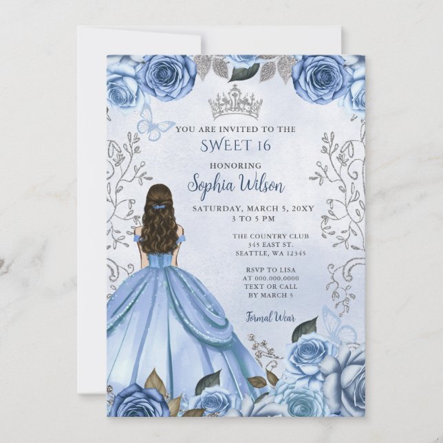 Convite Dusty Blue Silver Floral Princess Sweet 16 (Frente)