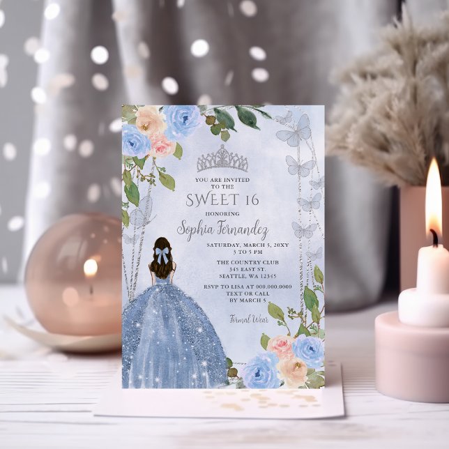 Convite Dusty Blue Silver Floral Princess Sweet 16 (Dusty Blue Silver Floral Princess Sweet 16 Invitation)