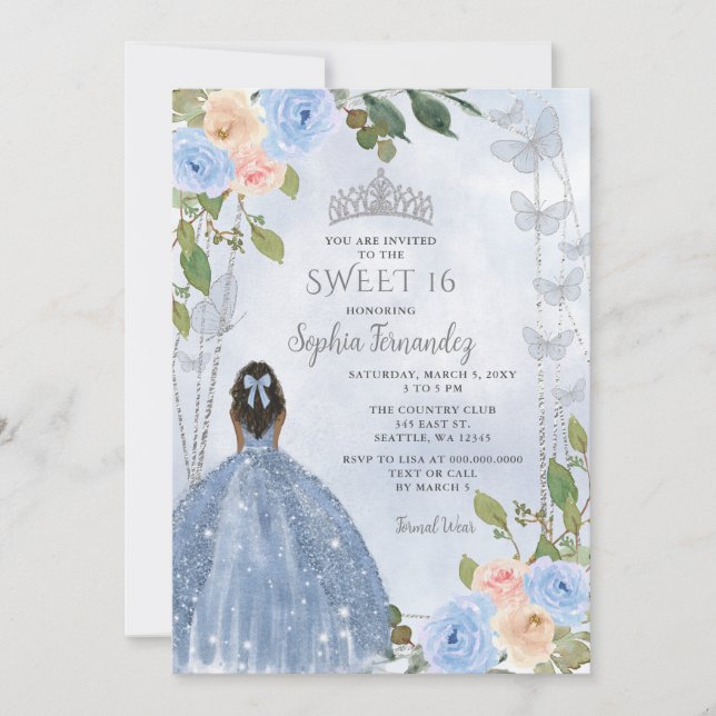 Convite Dusty Blue Silver Floral Princess Sweet 16 (Frente)
