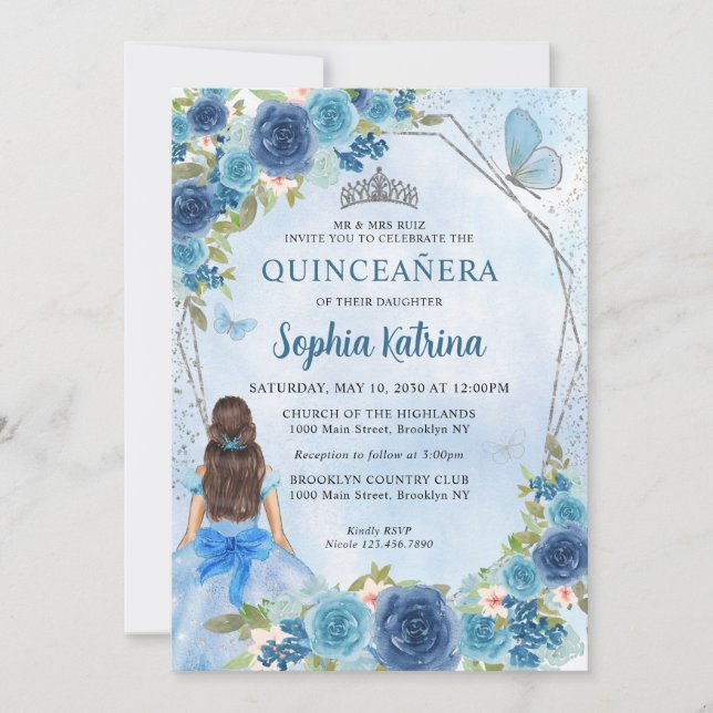 Convite Dusty Blue Silver Glam Floral Princesa Quinceañera (Frente)