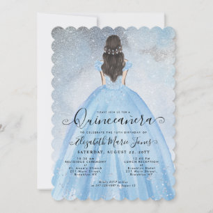 Convite Dusty Blue Silver Glitter Princess Quinceañera