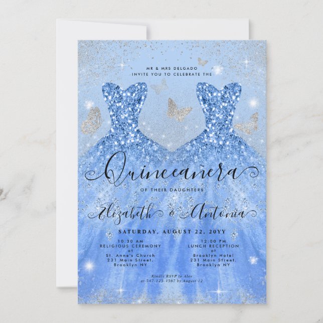 Convite Dusty Blue Silver Glitter Twin Quinceanera (Frente)